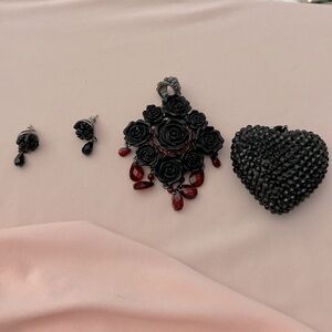 Vintage 3 Pieces Earrings, Heart Pendant 3D Rose with Red Crystal Accents